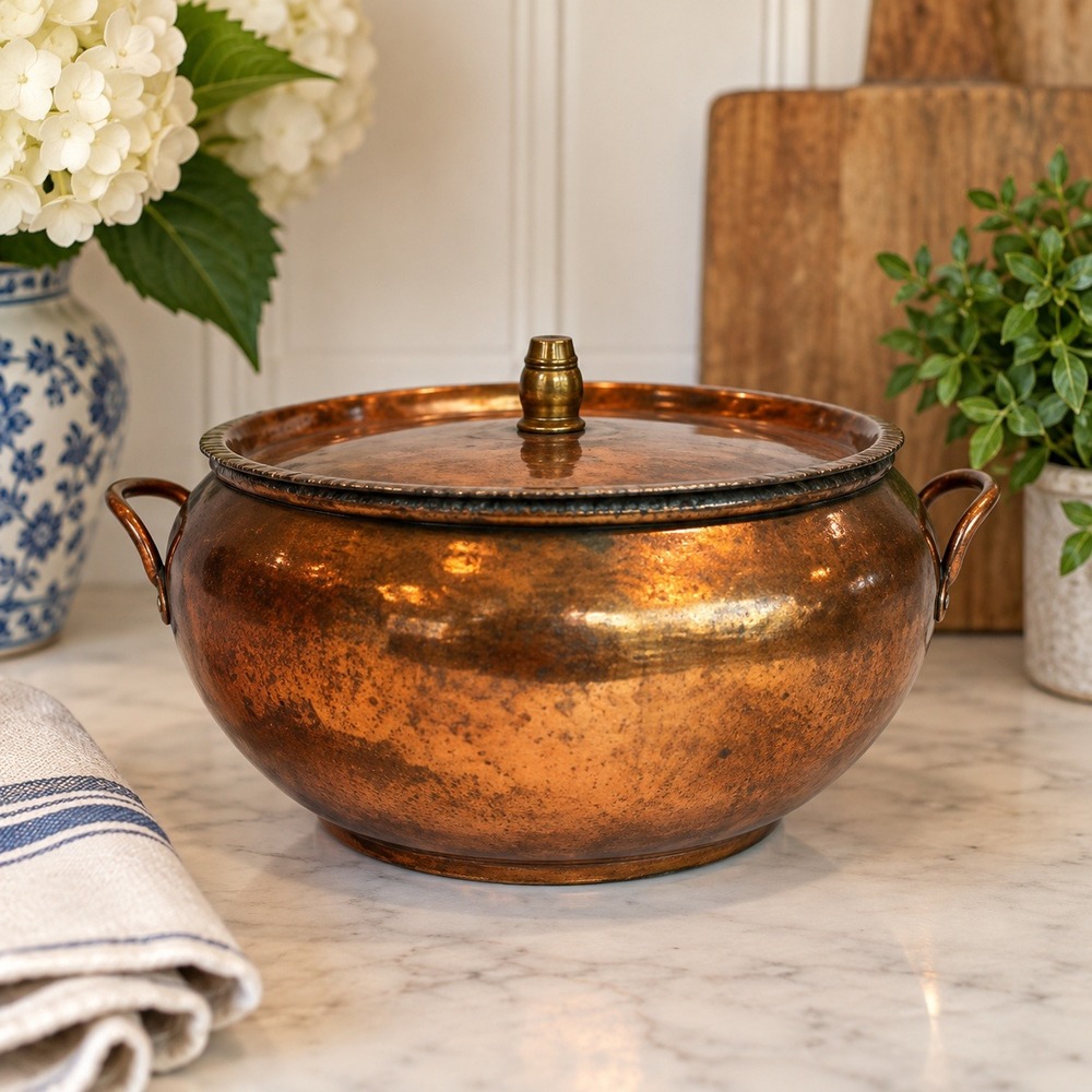 Vintage Hammered Copper Casserole Pot with Lid, Tin Lined, Handles, Belly Shape
